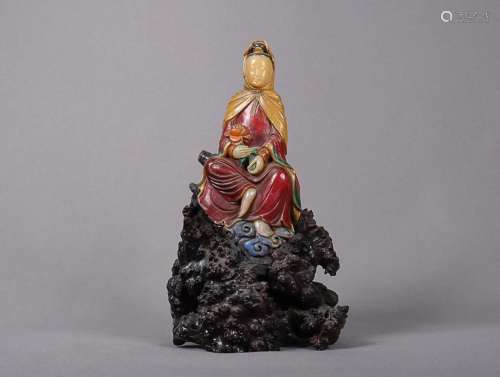 SHOUSHAN STONE FIGURE OF GUANYIN WITH PIGMENT
