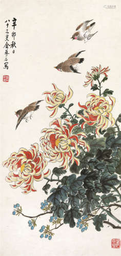 金梦石（1869～1952） 1951年作 秋趣 立轴 设色纸本