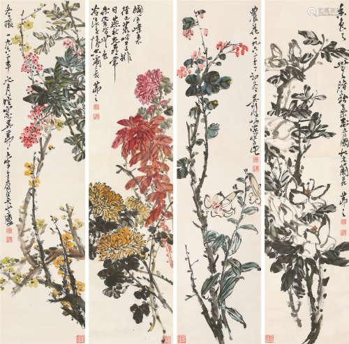 吴茀之（1900～1977） 1962年作 花卉 四屏立轴 设色纸本