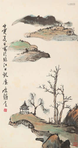 钱瘦铁（1897～1967） 1962年作 柳岸亭话图 立轴 设色纸本