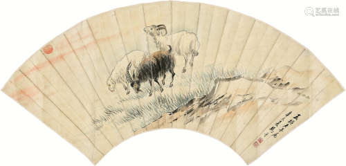马晋（1900～1970） 1931年作 三羊开泰 扇面镜心 设色纸本