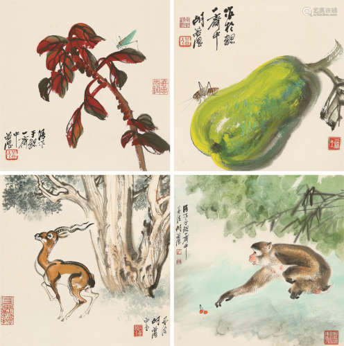 胡若思（1916～2004） 鹿猴花果 （四帧） 镜心 设色纸本