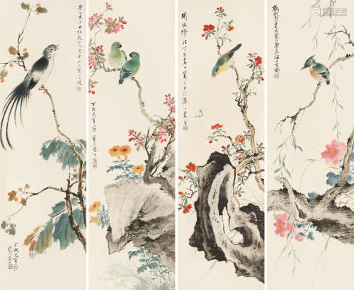江寒汀（1903～1963） 1947年作 花鸟 四屏立轴 设色纸本
