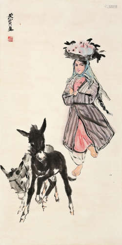 黄胄（1925～1997） 少女牧驴 镜心 设色纸本