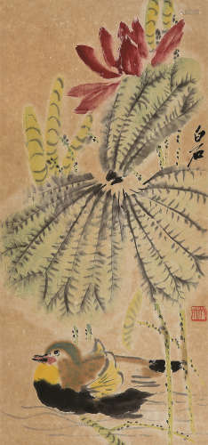 齐白石（1864～1957） 莲塘鸳戏 镜心 设色纸本