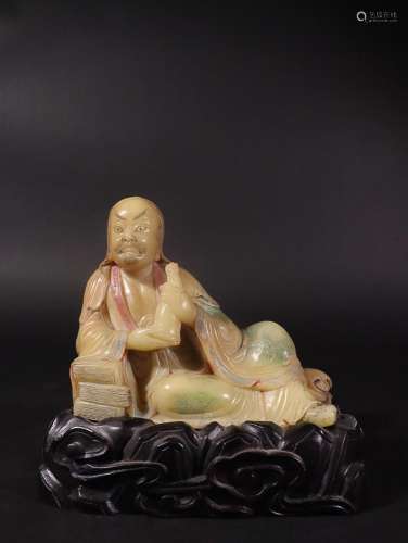SHOUSHAN TIANHUANG STONE FIGURE OF ARHAT WITH PIGMENT