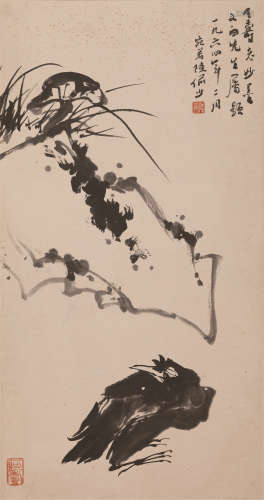 潘天寿画、陆俨少题 花鸟 镜框 纸本
