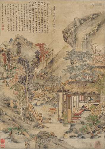 钮棻（清） 1558年作 史画山居图 立轴 设色纸本