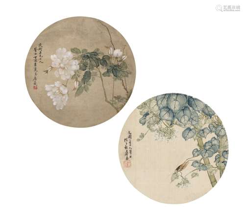 居廉（1828～1904）居羲（清） 花卉草虫图 （二帧） 扇页 设色绢本