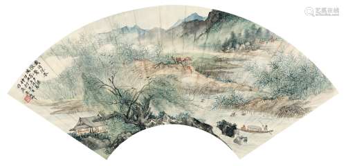 朱梅邨（1911～1993） 1937年作 载酒浮春图 扇页 设色纸本