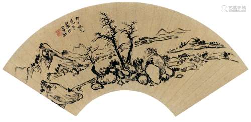 黄宾虹（1865～1955） 为张大千作 渴笔山水 扇页 水墨泥金纸本