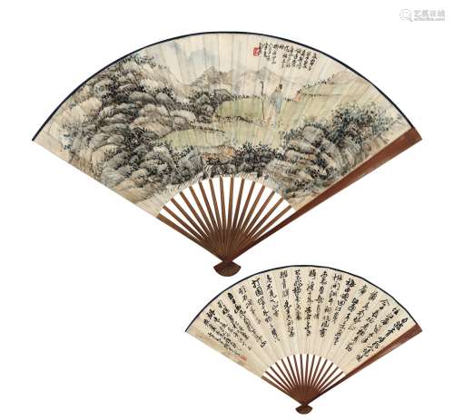 赵云壑（1874～1955） 空山策杖图·行书诗 成扇 设色纸本