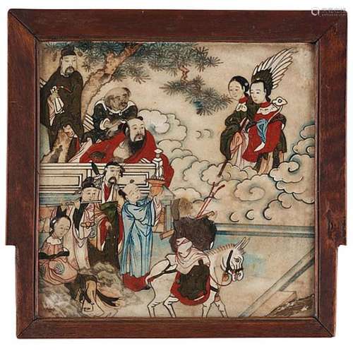 A painted stone placque for a table screen, depicting daoist...