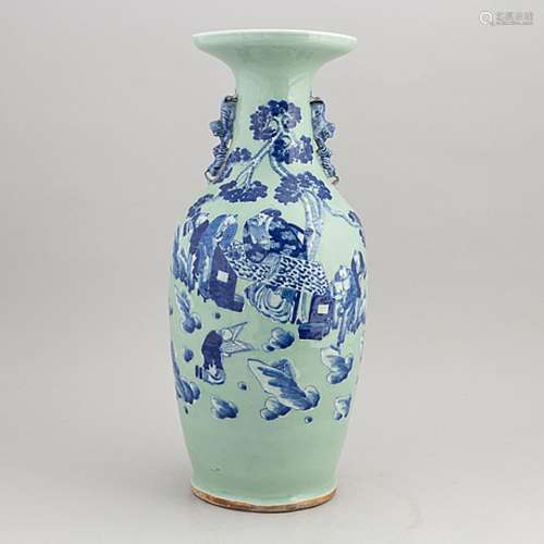 A large blue and white and celdon vase, late Qing dynasty, c...