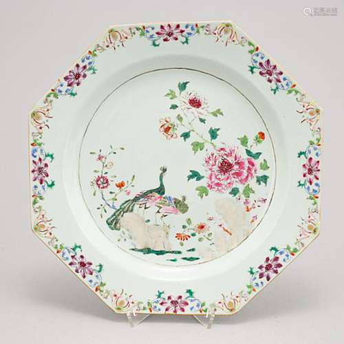 A famille rose 'double peacock' dish, Qing dynasty, Qianlong...