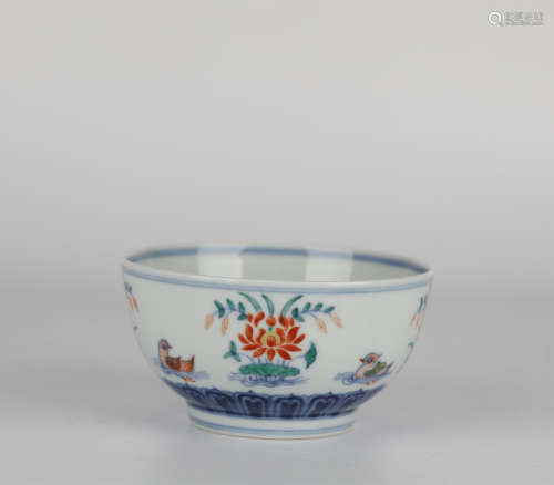 Doucai lotus pond mandarin duck porcelain bowl，16th