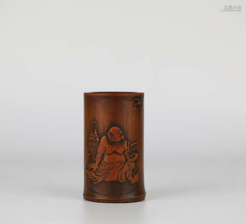 Chinese bamboo sculpture character pen holder，19th