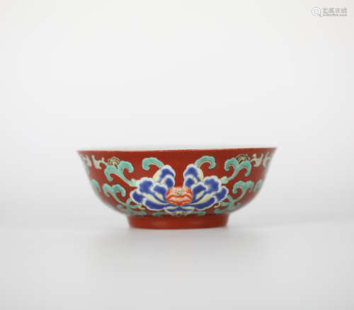 Coral red ground colorful peony bowl, Yongzheng
