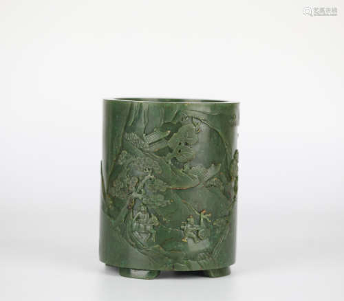 China Hotan Jade Carved Landscape Pen Holder，18th