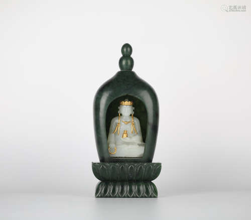 China Hotan White Jade and Jasper, Golden Buddha Statue, Qin...