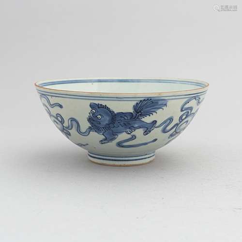 A Chinese blue and white porcelain bowl with buddhist lions ...
