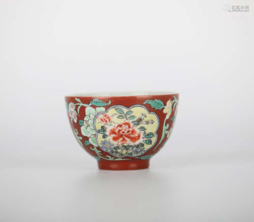 Coral red ground multicolored flower cup, Yongzheng