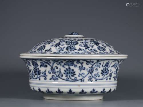 Blue and white covered bowl