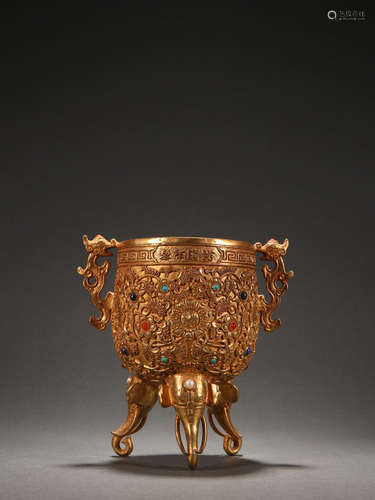 Bronze Gold Gilded Dragon Tripod Cup, China