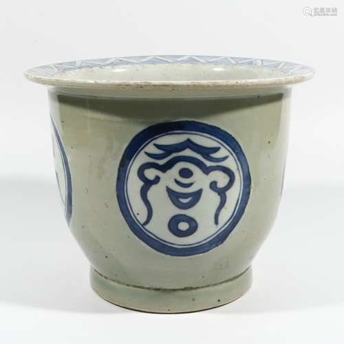 Green Glaze Blue And White Porcelain Flowerpot, China