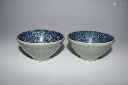 Pair Of Green Glaze Blue And White Porcelain Small Cups, Chi...