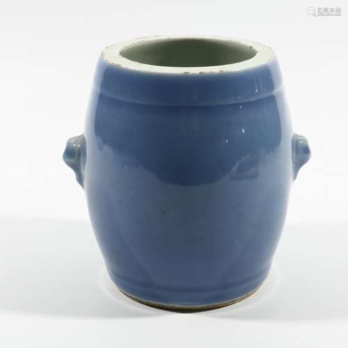 Blue Glaze Drum Shaped Porcelain Vessel, China