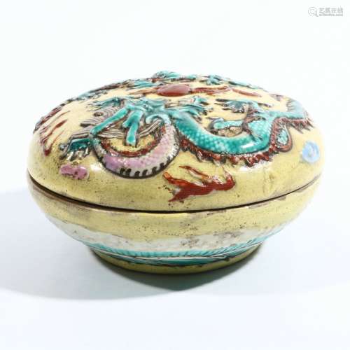 Yellow Glaze Porcelain Carving Dragon Powder Box, China