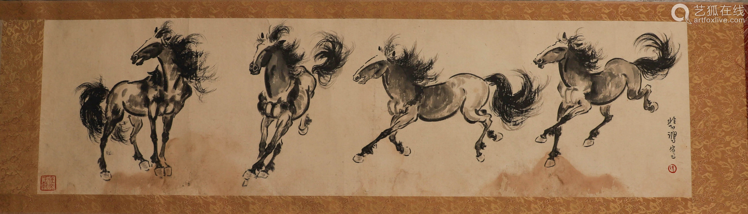Long scroll of Xu Beihong's galloping horse in Chinese ink p...