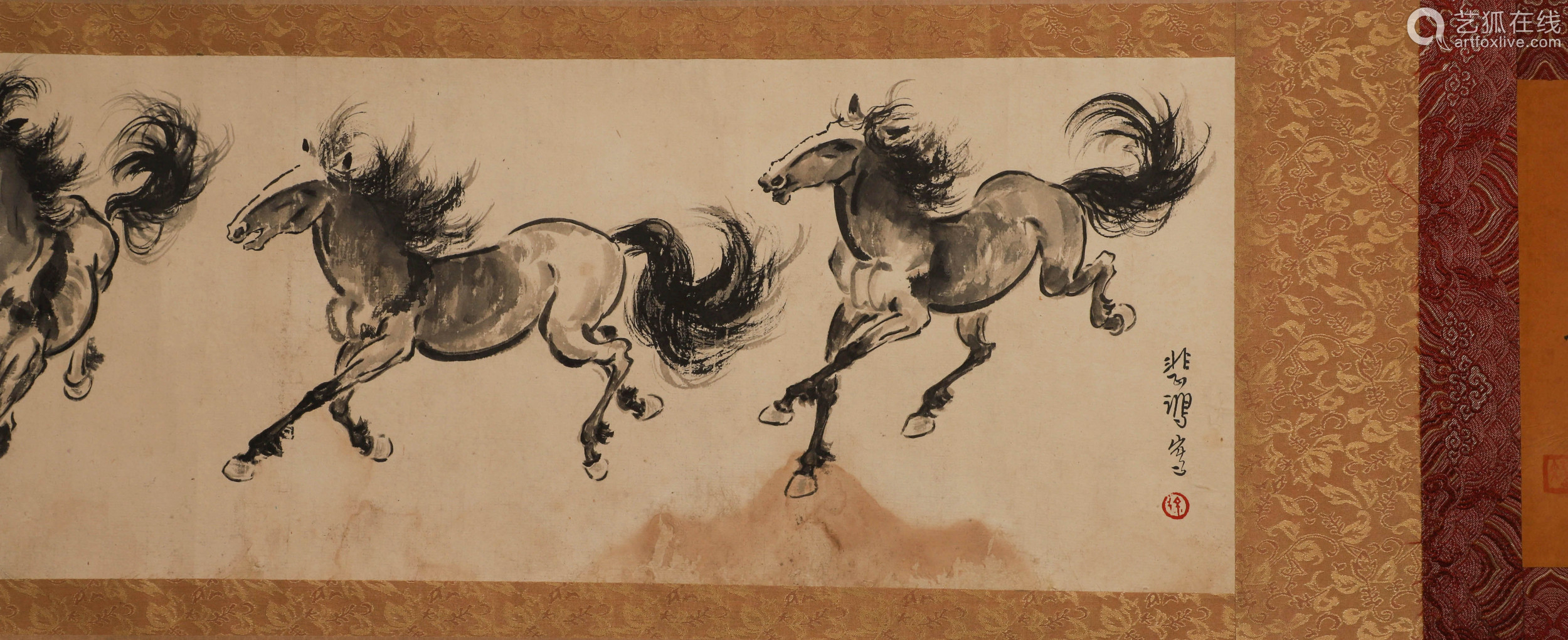 Long scroll of Xu Beihong's galloping horse in Chinese ink p...