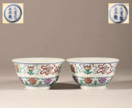A pair of Qing Yongzheng doucai cups