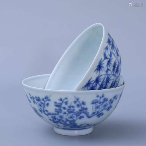 Pair of Blue and White Floral Bowls