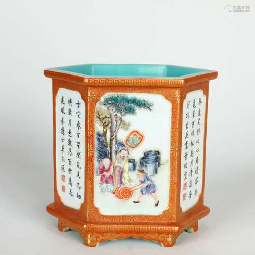 Chinese Famille Rose Hexagonal Vase Brush Pot