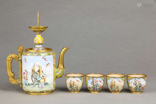 A Set of Copper Bodied Enamel Teapot and Teacups