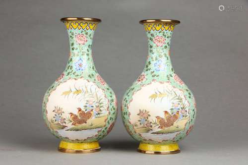 A Pair of Copper Bodied Enamel Vases