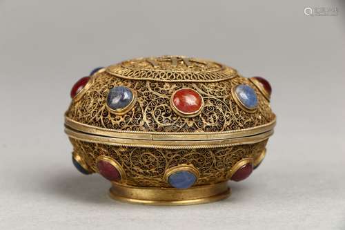 Gilt Silver Lidded Box with Gems Inlay