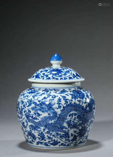 A Chinese Porcelain Blue and White Dragon Jar and Cover Mark...