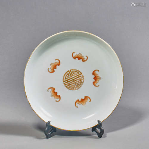 A Chinese Porcelain Red-Glazed Longevity Dish