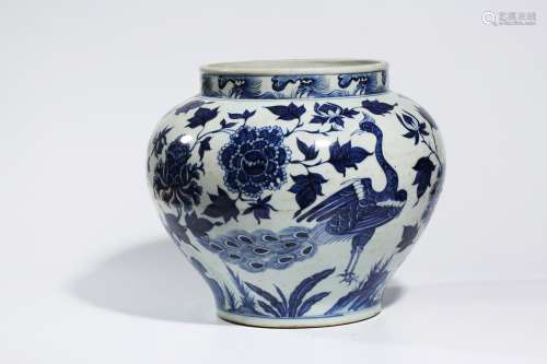 A Chinese Porcelain Blue and White Peacock and Peony Jar