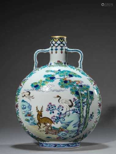 A Chinese Porcelain Doucai Deer Moonflask Marked Qian Long