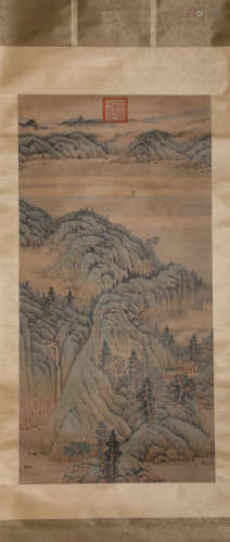 A Chinese Scroll Painting of Mountains and Rivers by Shen Zh...