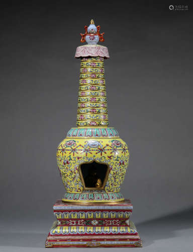 A Chinese Porcelain Famille Rose Stupa Marked Qian Long