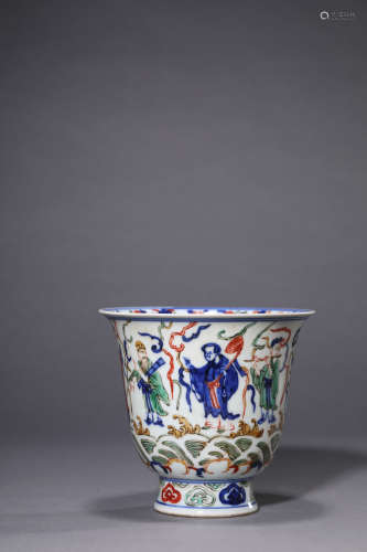 A Chinese Porcelain Wucai Eight Immortals Cup Marked Jia Jin...