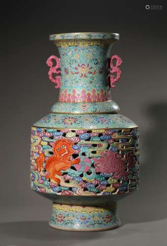 A Chinese Porcelain Turquoise Ground Lion Motif Vase Marked ...