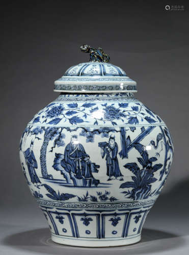 A Chinese Porcelain Blue and White Story Jar and Cover