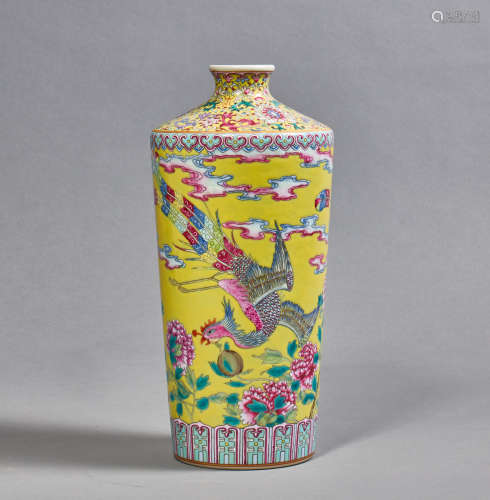 A Chinese Porcelain Yellow Ground Phoenix Vase
